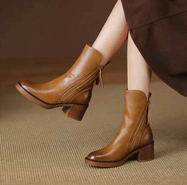 Charlotte | Bottines en cuir pour femmes avec talon bloc et fermeture éclair