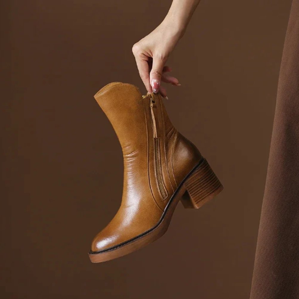 Charlotte | Bottines en cuir pour femmes avec talon bloc et fermeture éclair