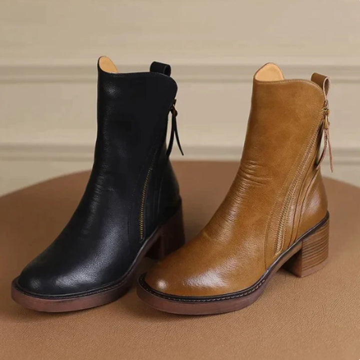 Charlotte | Bottines en cuir pour femmes avec talon bloc et fermeture éclair