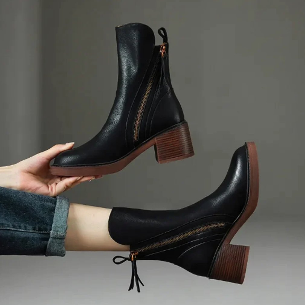 Charlotte | Bottines en cuir pour femmes avec talon bloc et fermeture éclair