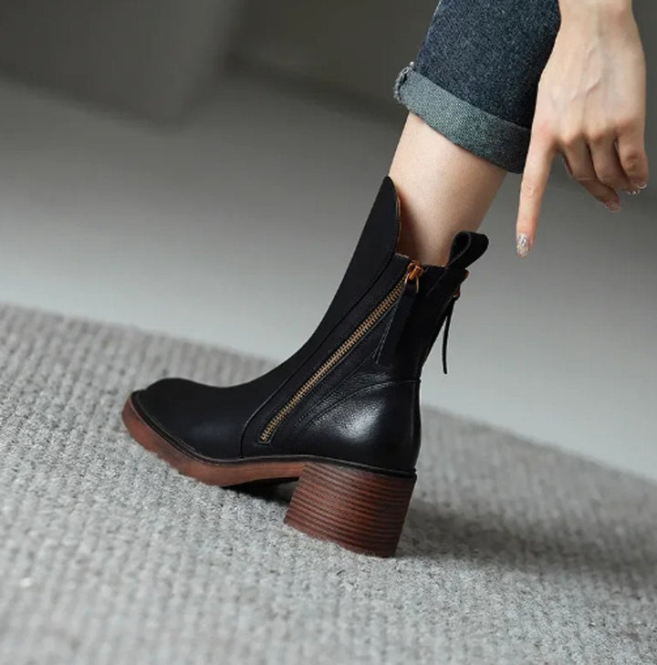 Charlotte | Bottines en cuir pour femmes avec talon bloc et fermeture éclair