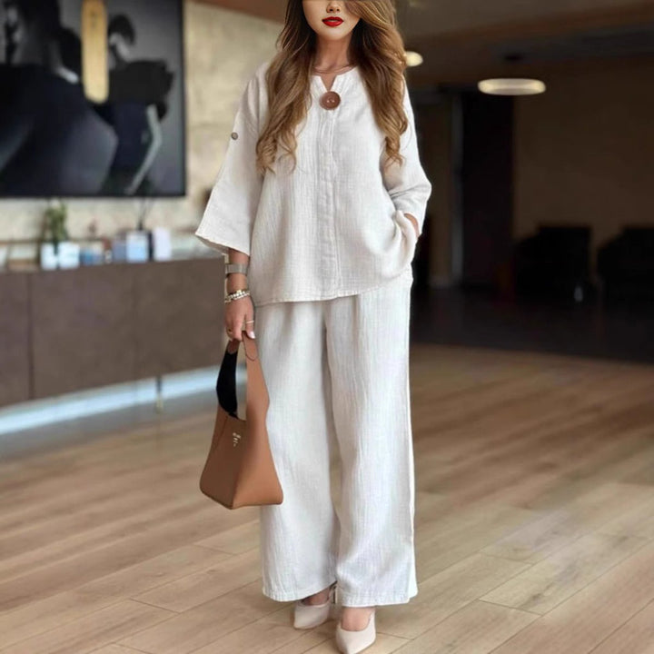 Hannah | Ensemble tunique en lin et pantalon palazzo pour femmes - Tenue décontractée en deux pièces