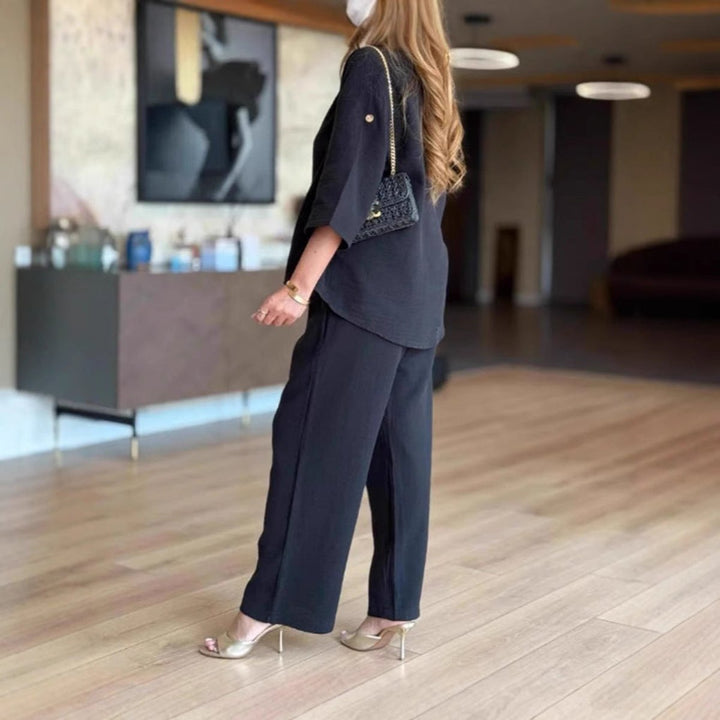 Hannah | Ensemble tunique en lin et pantalon palazzo pour femmes - Tenue décontractée en deux pièces