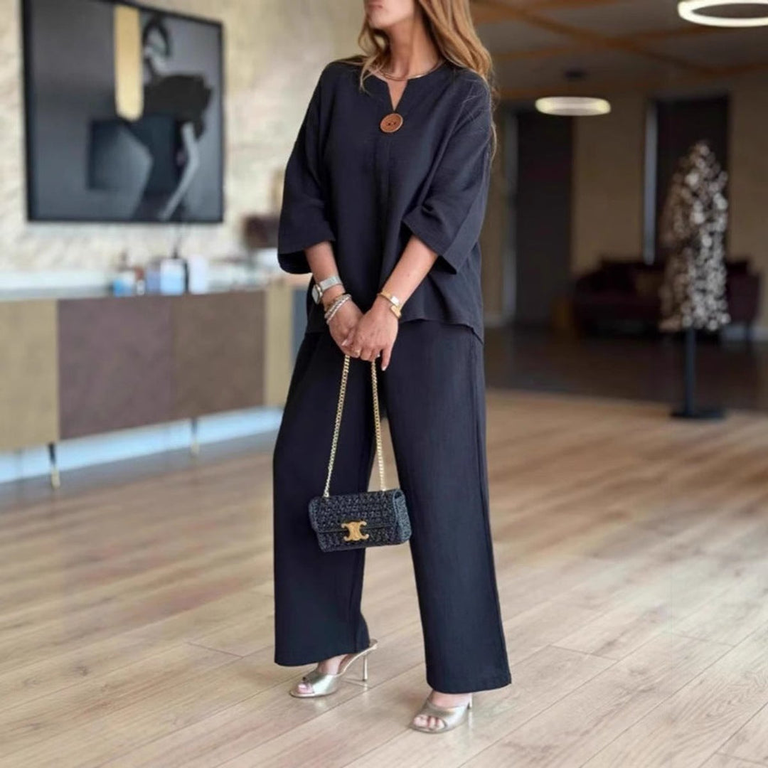 Hannah | Ensemble tunique en lin pour femmes avec pantalon palazzo, tenue décontractée en deux pièces
