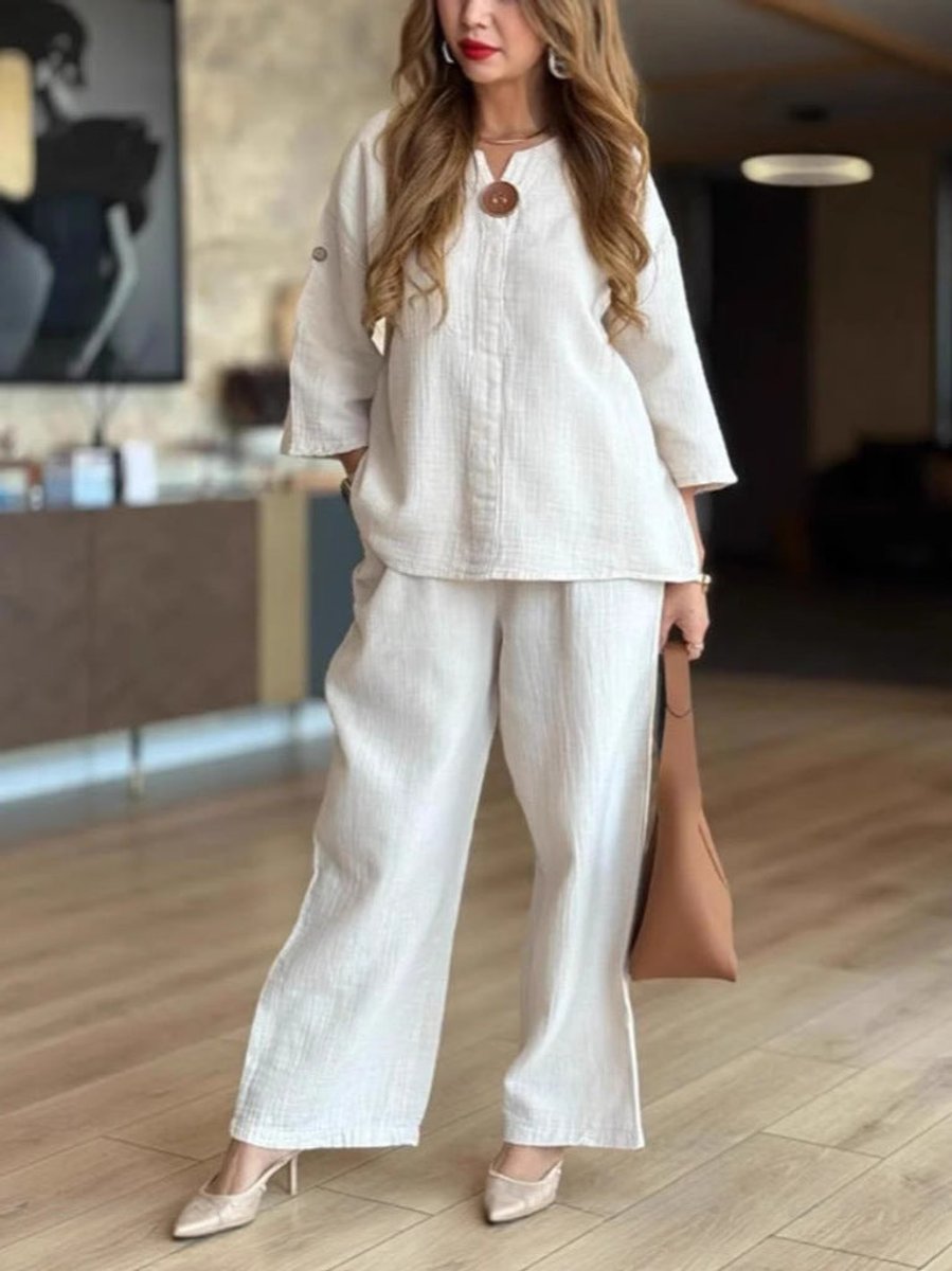 Hannah | Ensemble tunique en lin et pantalon palazzo pour femmes - Tenue décontractée en deux pièces
