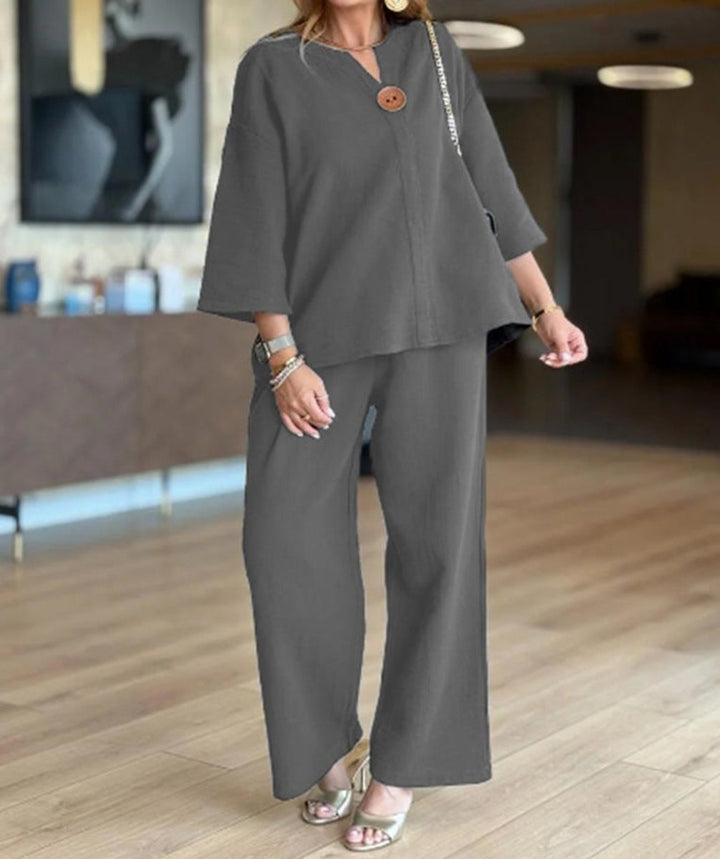 Hannah | Ensemble tunique en lin et pantalon palazzo pour femmes - Tenue décontractée en deux pièces