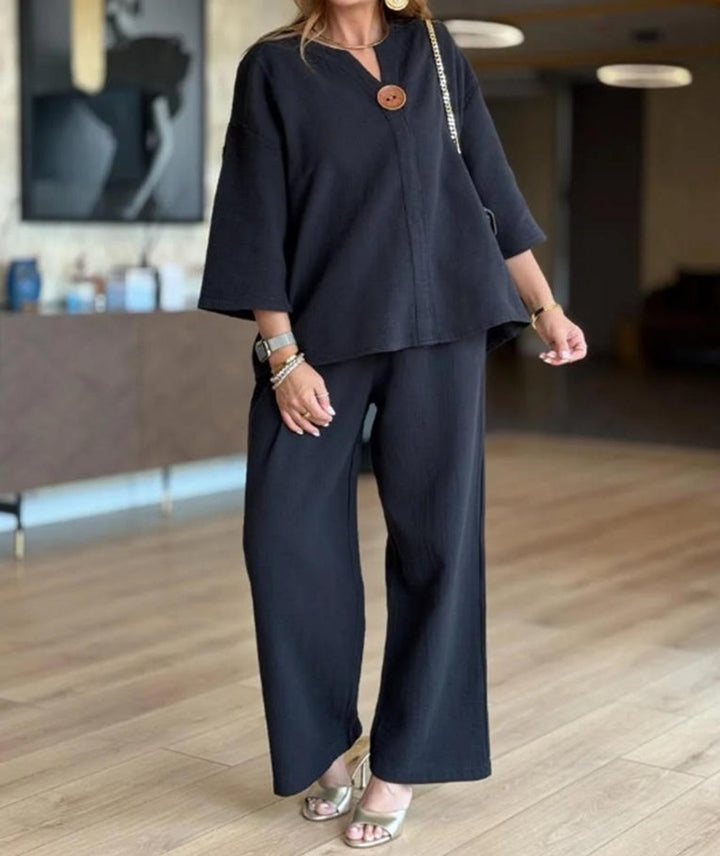 Hannah | Ensemble tunique en lin et pantalon palazzo pour femmes - Tenue décontractée en deux pièces