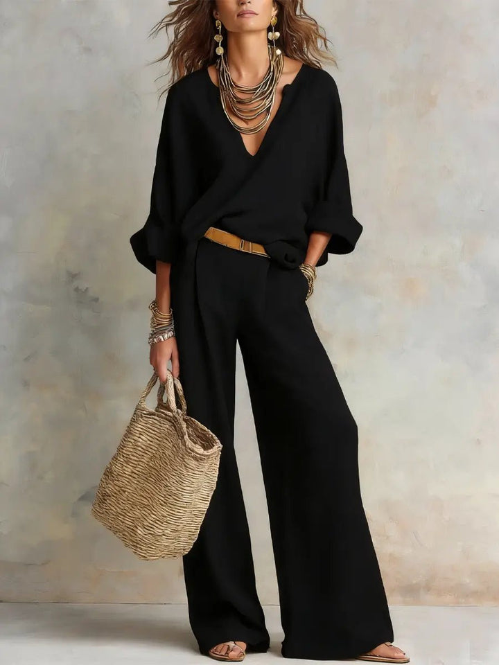 Leonie | Ensemble femme en lin Relaxed-Fit avec pantalon large et décolleté en V