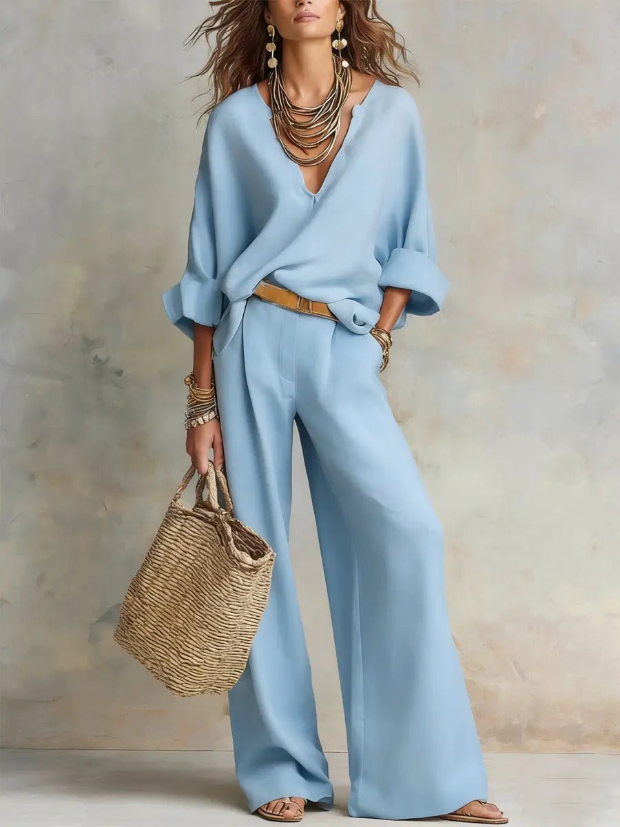Leonie | Ensemble femme en lin Relaxed-Fit avec pantalon large et décolleté en V