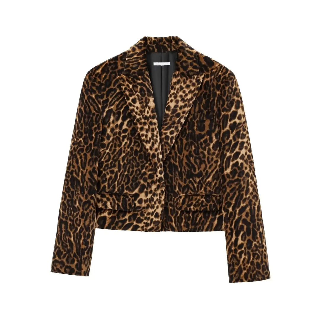 Ensemble femme à motif léopard avec blazer court à revers en pointe et mini-jupe