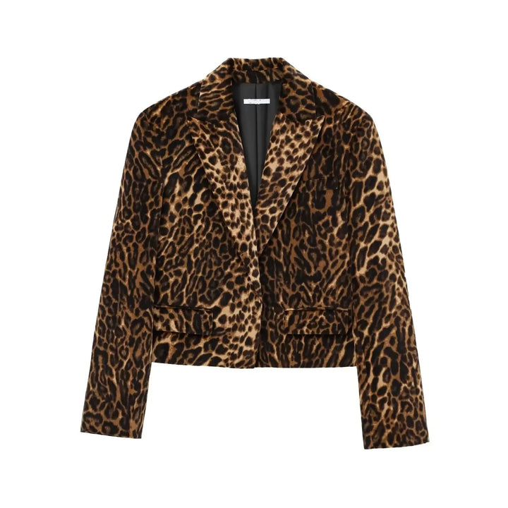 Ensemble femme à motif léopard avec blazer court à revers en pointe et mini-jupe