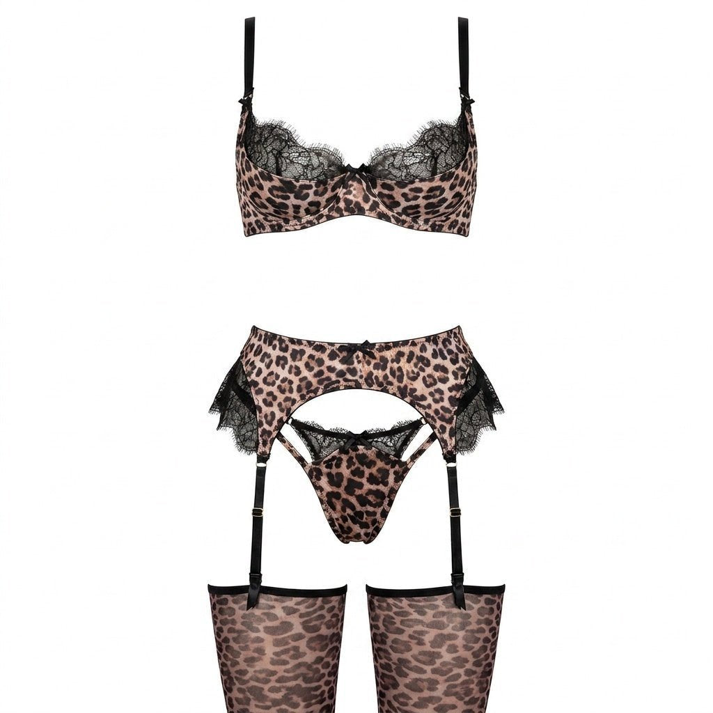 Luisa | Ensemble de soutien-gorge en dentelle à motif léopard pour femmes avec porte-jarretelles