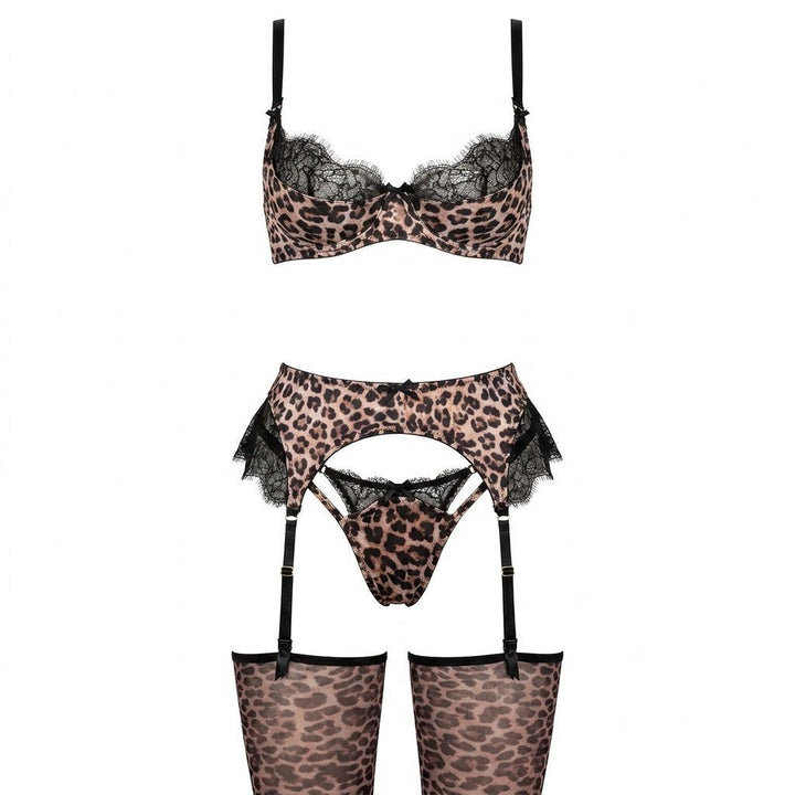 Luisa | Ensemble de soutien-gorge en dentelle à motif léopard pour femmes avec porte-jarretelles