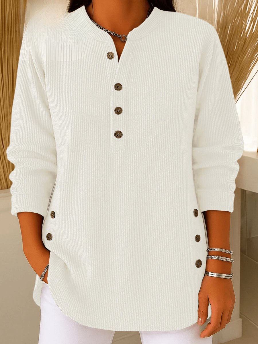 Sophie | Tunique Henley à Rayures Longue Femme Détail Bouton sur le Côté