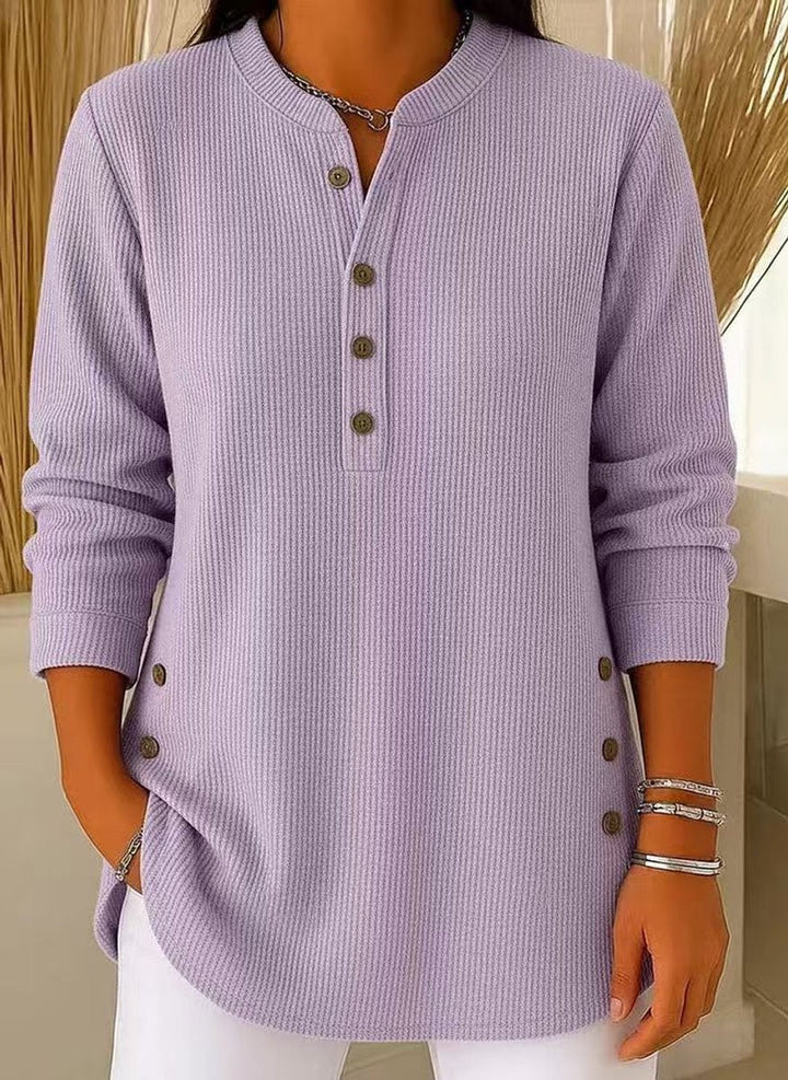 Sophie | Tunique Henley à Rayures Longue Femme Détail Bouton sur le Côté