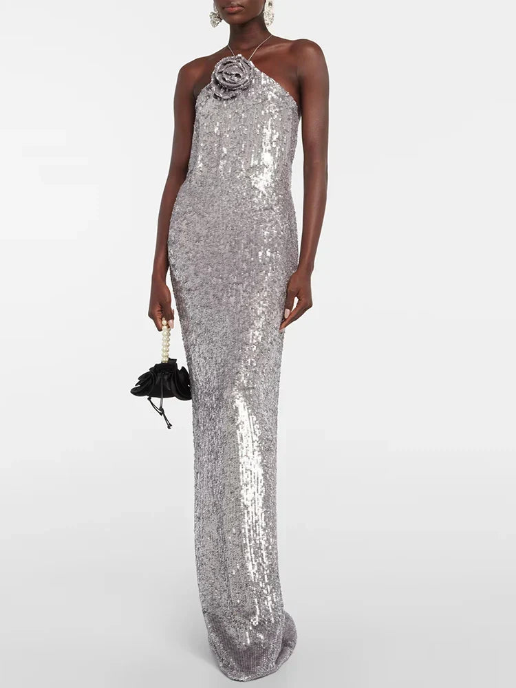 Robe Maxi Femme avec décolleté Halter, application en rosette et ornements en sequins
