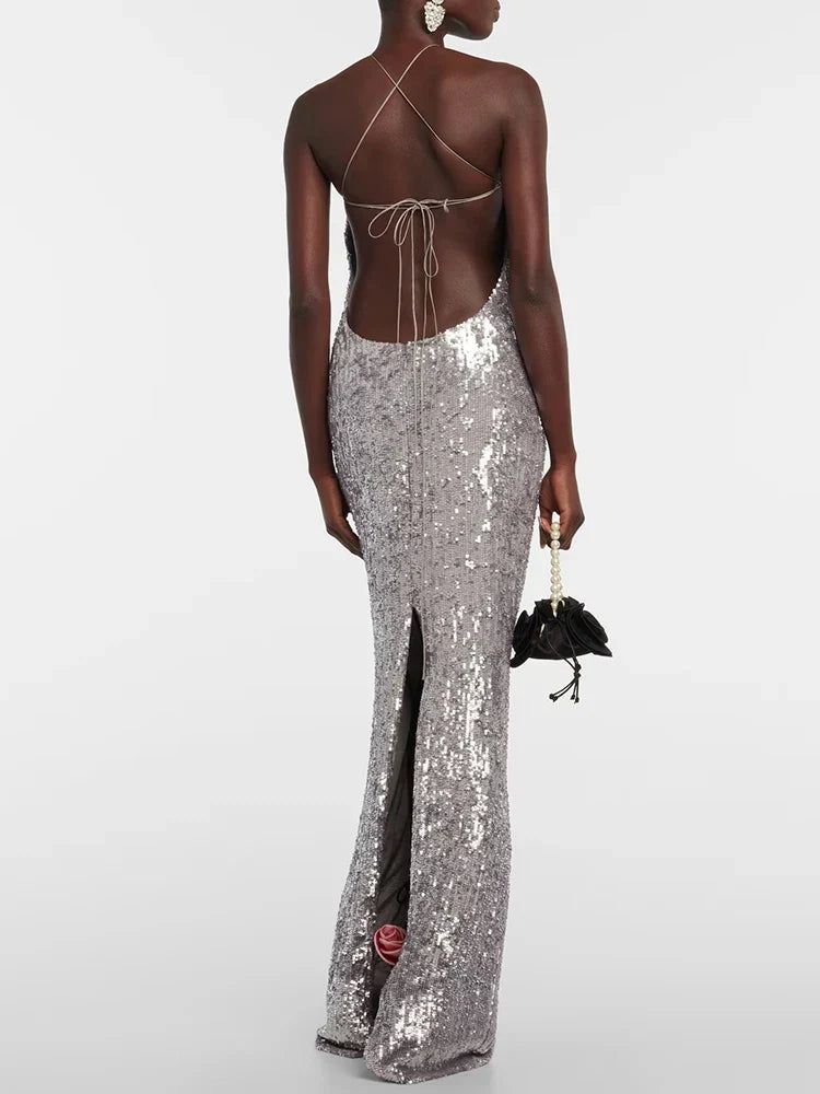 Robe Maxi Femme avec décolleté Halter, application en rosette et ornements en sequins