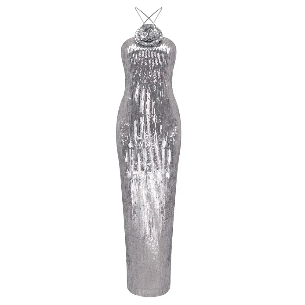Robe Maxi Femme avec décolleté Halter, application en rosette et ornements en sequins