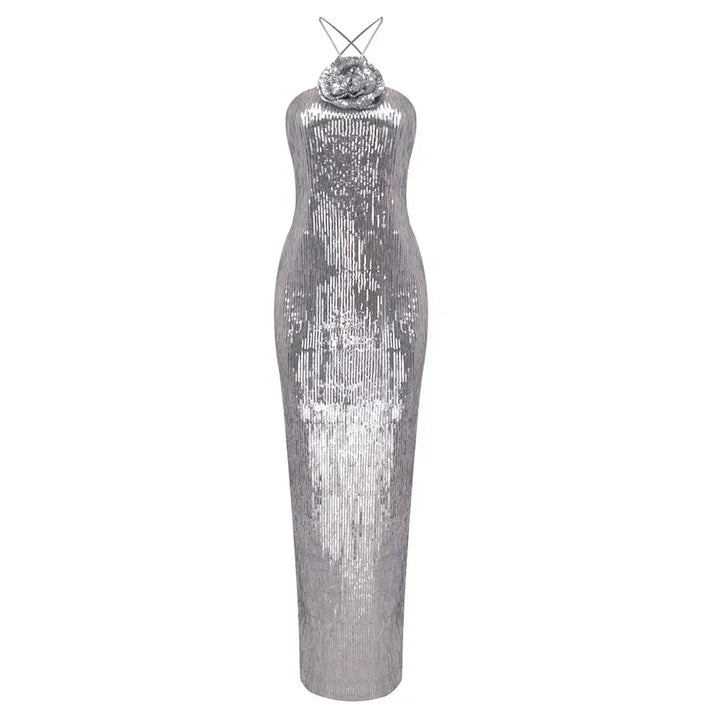 Robe Maxi Femme avec décolleté Halter, application en rosette et ornements en sequins