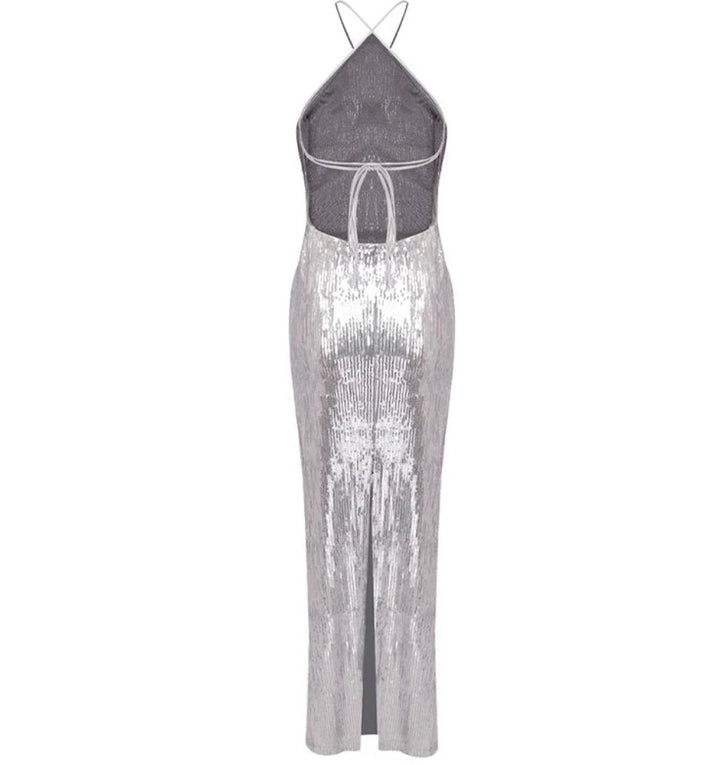 Robe Maxi Femme avec décolleté Halter, application en rosette et ornements en sequins