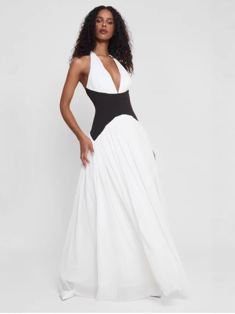 Robe Maxi Femme avec Encolure Halter, Panneau de Taille Noir et Jupe Plissée Blanche