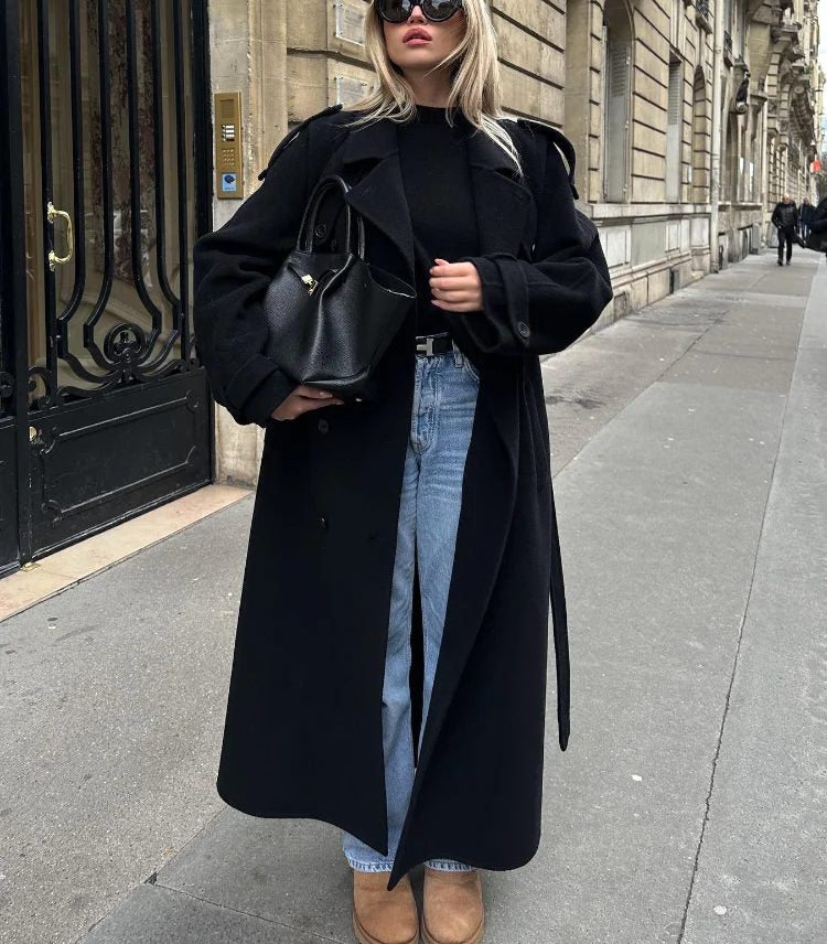 Manteau maxi pour femmes avec fermeture à double boutonnage et ceinture