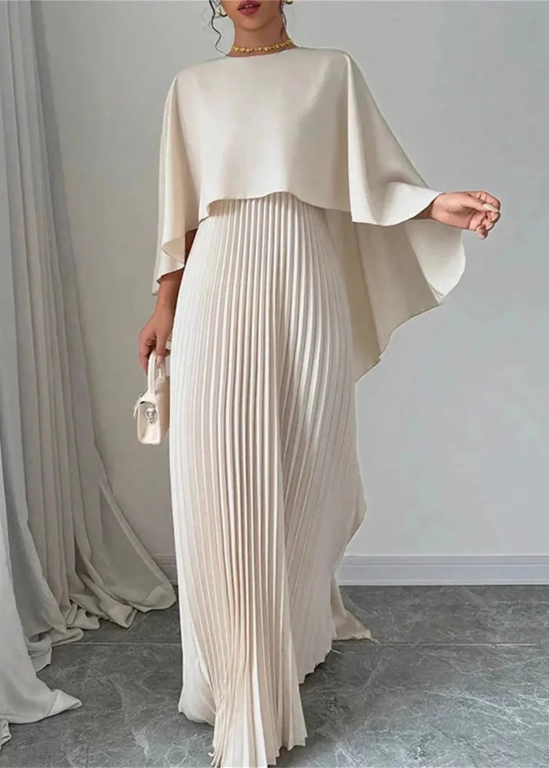 Robe Maxi Femme avec Cape Asymétrique, Jupe Plissée et Col Rond