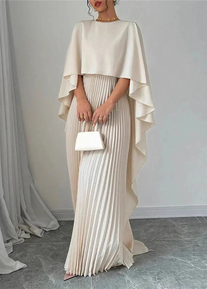 Robe Maxi Femme avec Cape Asymétrique, Jupe Plissée et Col Rond