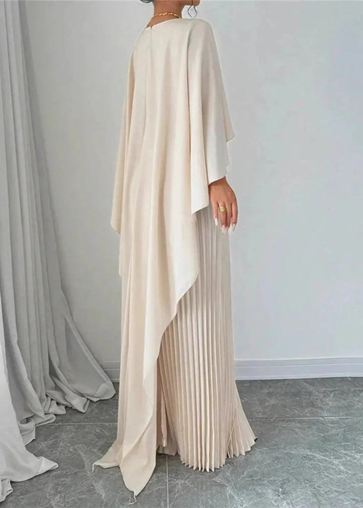 Robe Maxi Femme avec Cape Asymétrique, Jupe Plissée et Col Rond