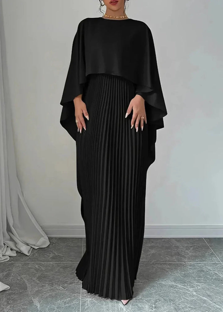 Robe Maxi Femme avec Cape Asymétrique, Jupe Plissée et Col Rond