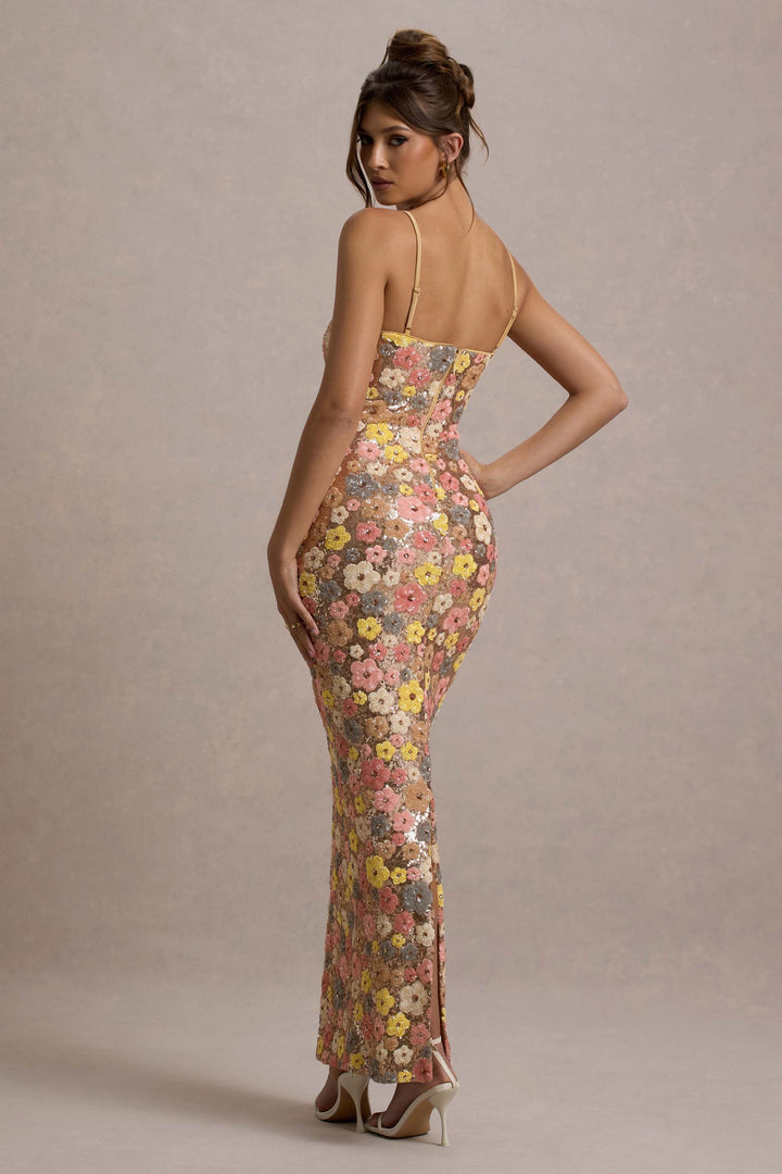 Robe maxi pour femmes avec motif floral, surface en sequins, bretelles spaghetti et décolleté droit