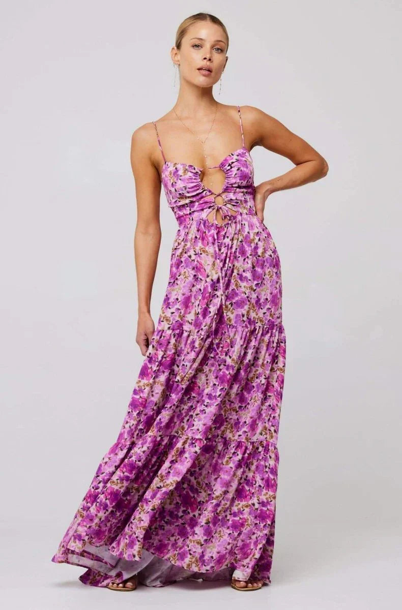 Robe maxi femme avec motif floral et découpes, jupe à volants et bretelles spaghetti