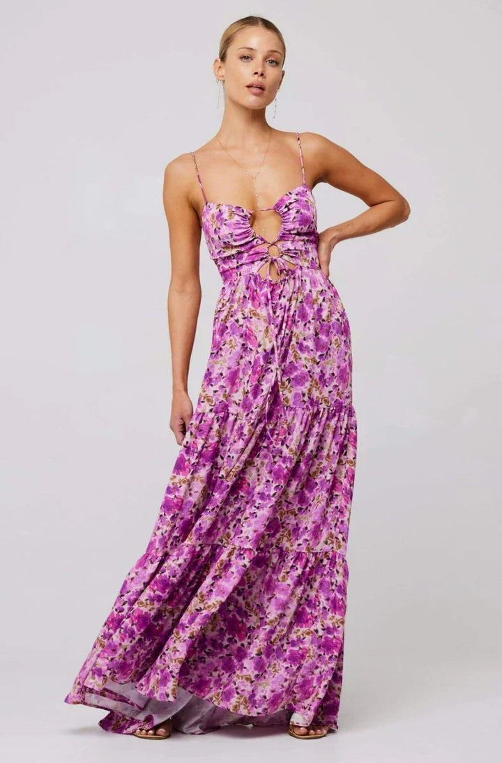 Robe maxi femme avec motif floral et découpes, jupe à volants et bretelles spaghetti