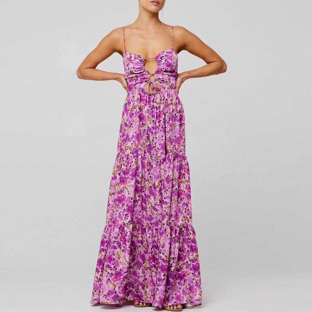 Robe maxi femme avec motif floral et découpes, jupe à volants et bretelles spaghetti