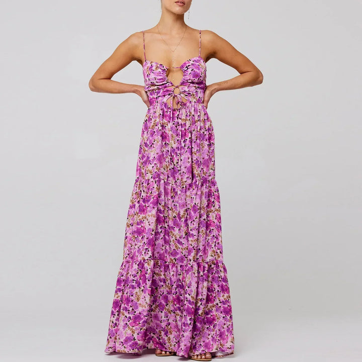 Robe maxi femme avec motif floral et découpes, jupe à volants et bretelles spaghetti