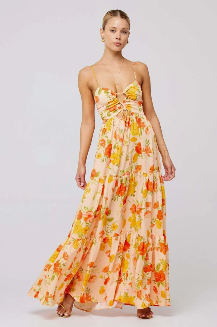 Robe maxi femme avec motif floral et découpes, jupe à volants et bretelles spaghetti
