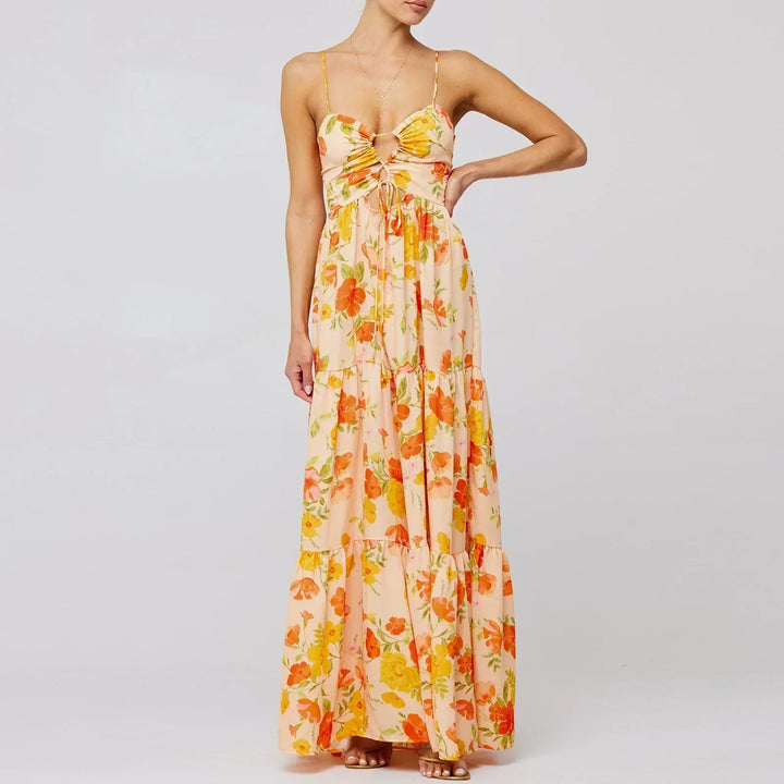 Robe maxi femme avec motif floral et découpes, jupe à volants et bretelles spaghetti
