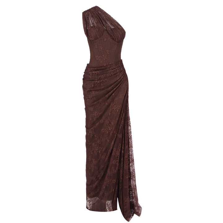 Robe maxi femme à une épaule avec motif en dentelle et jupe froncée