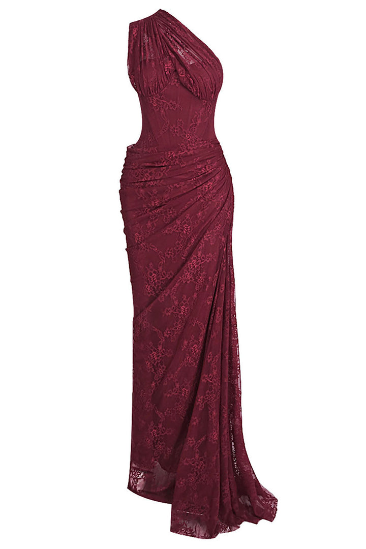 Robe maxi femme à une épaule avec motif en dentelle et jupe froncée