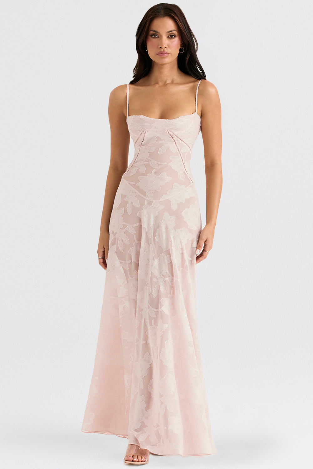 Robe maxi femme avec motifs tissés, bretelles spaghetti, décolleté en cœur et coutures visibles