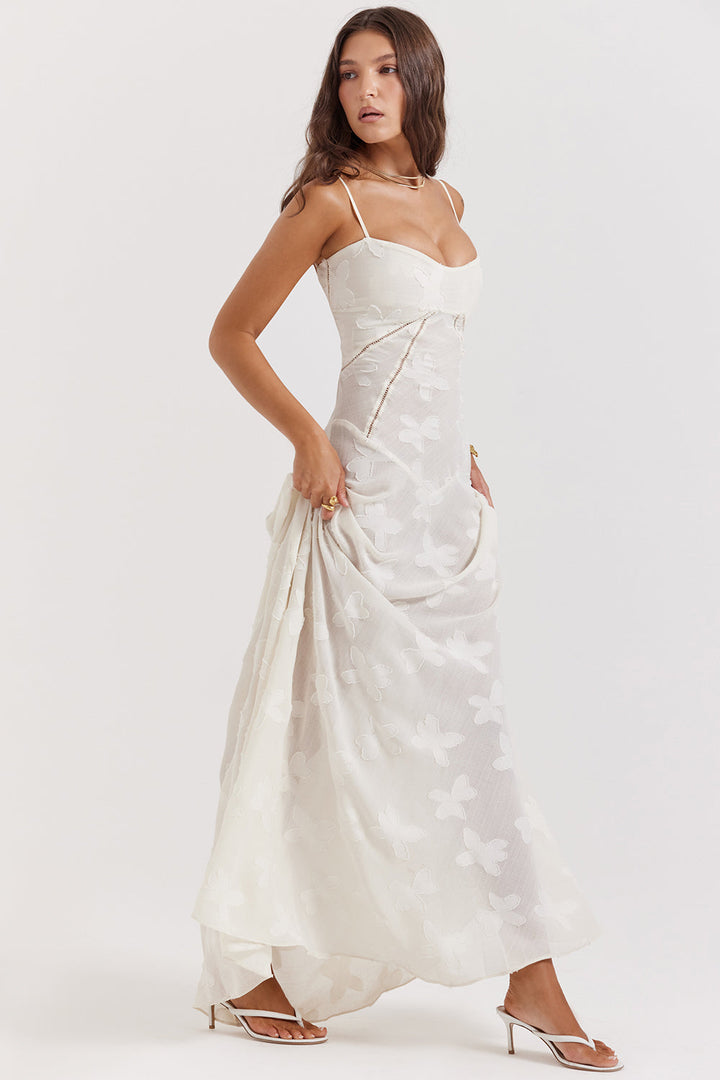Robe maxi femme avec motifs tissés, bretelles spaghetti, décolleté en cœur et coutures visibles
