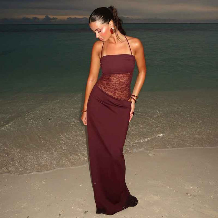 Robe maxi femme avec décolleté droit et bretelles spaghetti doubles avec insert en dentelle florale