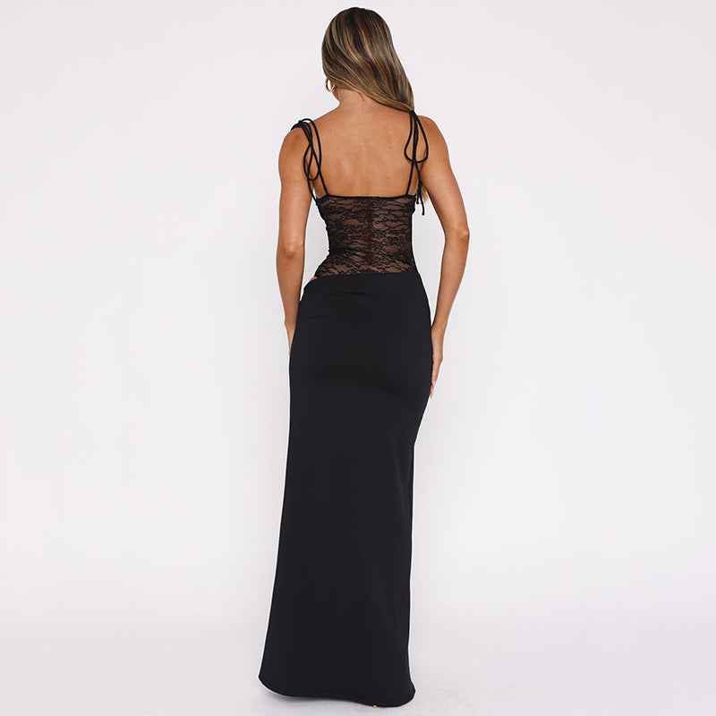 Robe maxi femme avec décolleté droit et bretelles spaghetti doubles avec insert en dentelle florale