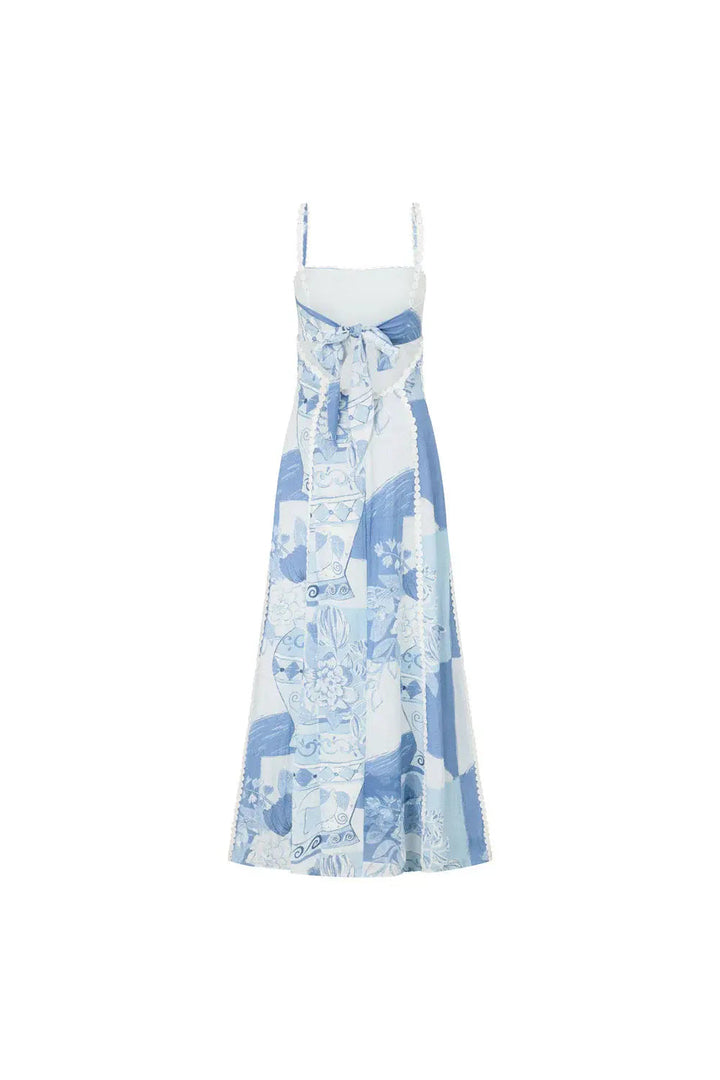 Robe maxi femme avec décolleté droit et bretelles fines avec bordure décorative et motif imprimé illustratif
