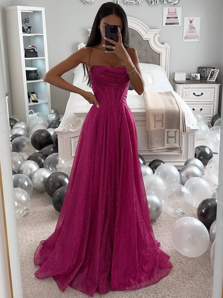 Robe maxi femme avec décolleté en cœur, bretelles spaghetti et jupe en tulle scintillant