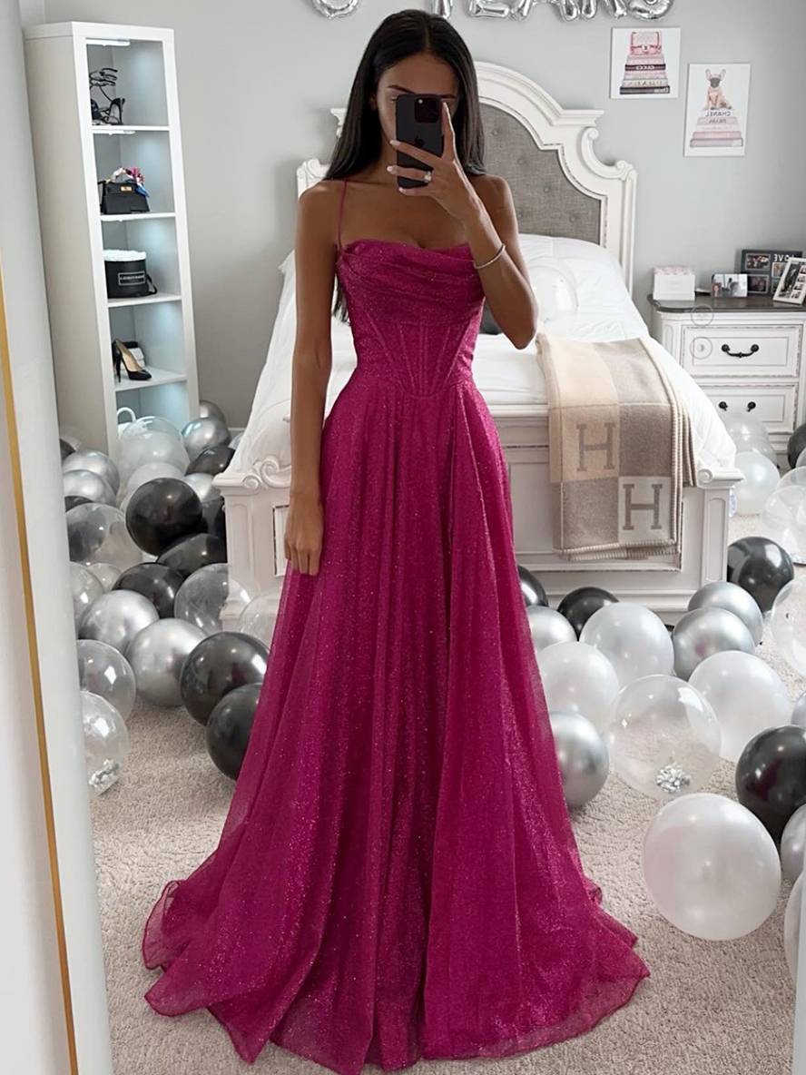 Robe maxi femme avec décolleté en cœur, bretelles spaghetti et jupe en tulle scintillant