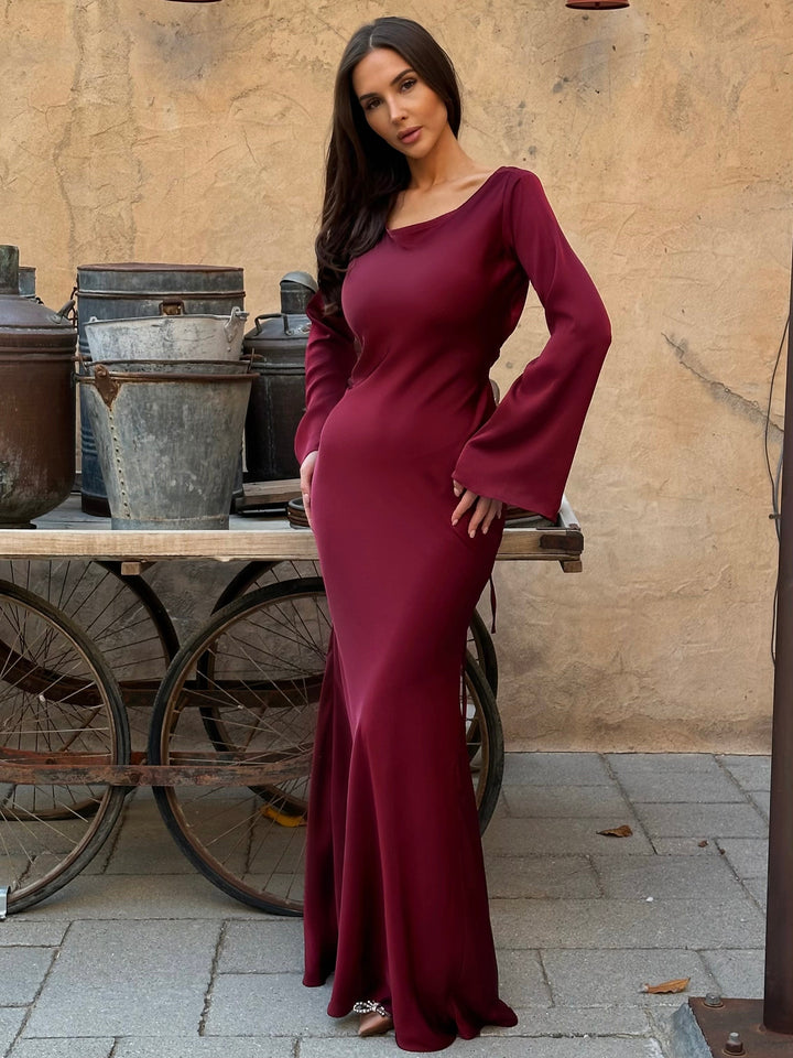 Robe Maxi Femme avec Manches Longues en Cloche, Col Rond et Ceinture à Nouer au Dos