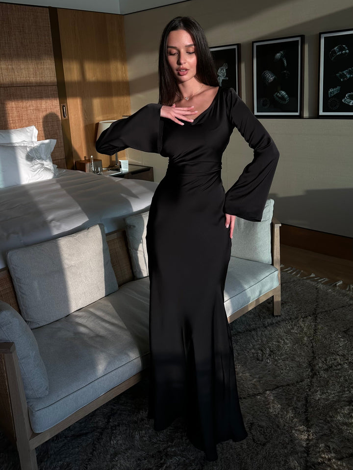 Robe Maxi Femme avec Manches Longues en Cloche, Col Rond et Ceinture à Nouer au Dos
