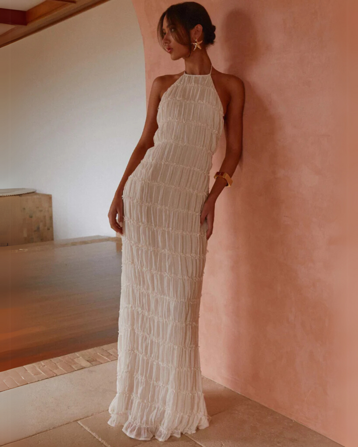 Robe Maxi Femme avec Liens au Cou, Dos Nu et Surface Texturée