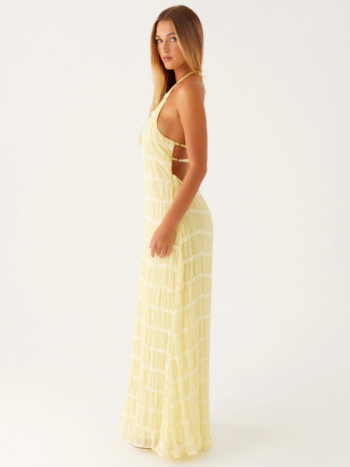 Robe Maxi Femme avec Liens au Cou, Dos Nu et Surface Texturée